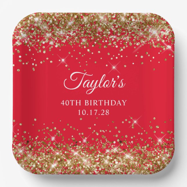Gold Glitter and Red 40th Birthday Paper Plate (Front)