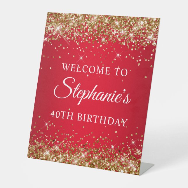 Gold Glitter and Red 40th Birthday Pedestal Sign (Front)