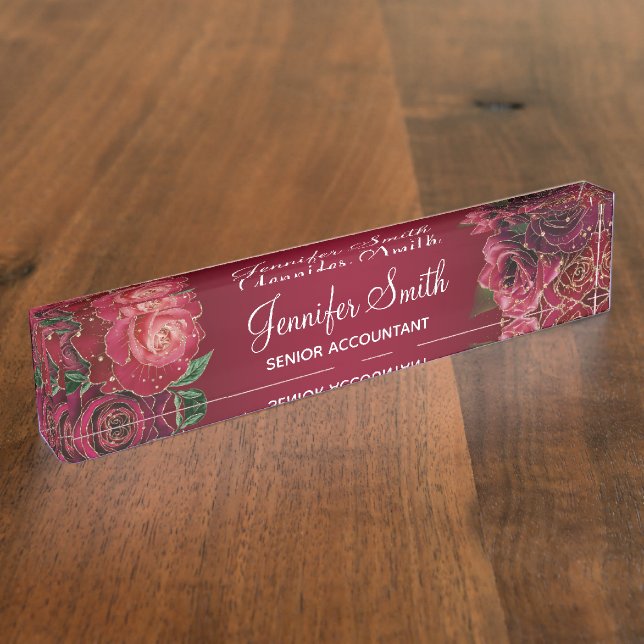 Gold Glitter and Red Glam Roses Nameplate (Side)