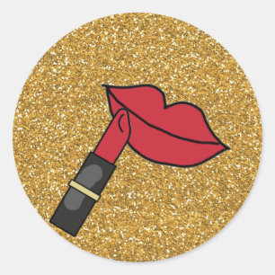 Gold Glitter and REd Lips With Lipstick Classic Round Sticker