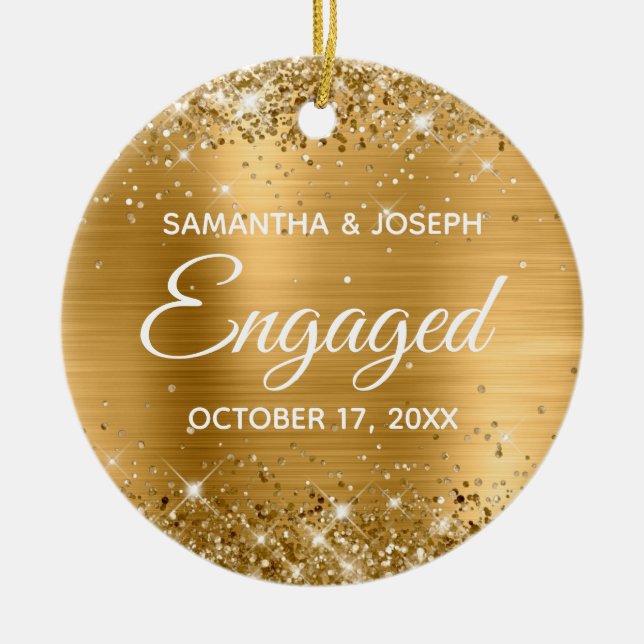 Gold Glitter and Shiny Foil Engaged Ceramic Tree Decoration (Front)