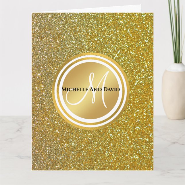 Gold Glitter and sparkle Black Monogram Newlywed  Card (Front)