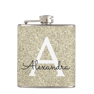 Gold Glitter and Sparkle Monogram Initial Hip Flask