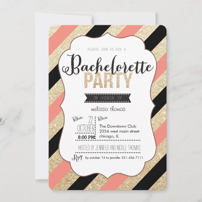 Gold Glitter and Stripes Bachelorette Invitation (Front)