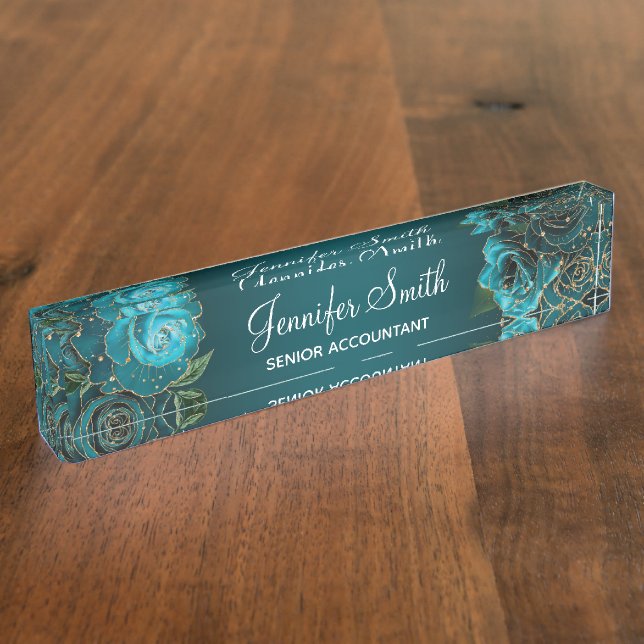Gold Glitter and Teal Glam Roses Nameplate (Side)