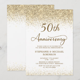 Gold Glitter and White 50th Wedding Anniversary Invitation