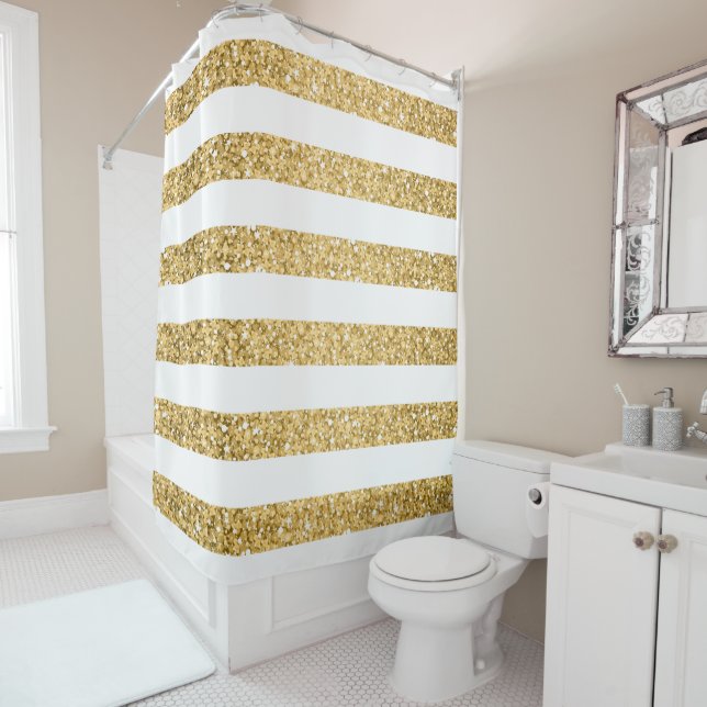 Gold Glitter And White Stripes Shower Curtain (In Situ)