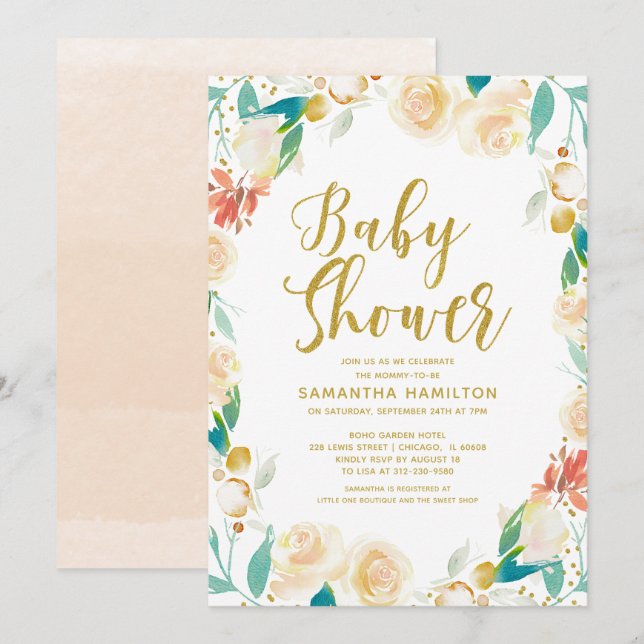 Gold Glitter Apricot Floral Girl Baby Shower Invitation (Front/Back)