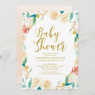 Gold Glitter Apricot Floral Girl Baby Shower Invitation
