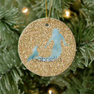 Gold Glitter Aqua Mermaid Personalised Ceramic Tree Decoration
