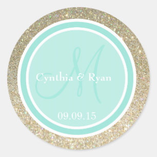 Gold Glitter & Aqua Wedding Monogram Label