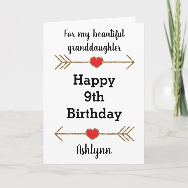 Gold Glitter Arrows & Red Hearts 9th Birthday Card (Front)