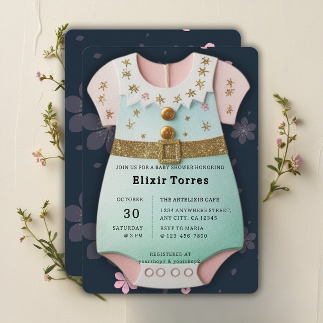 Gold Glitter Baby Clothes Floral Baby Shower Invitation (Creator Uploaded)