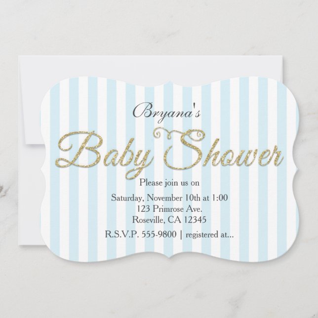 Gold Glitter BABY SHOWER Blue Striped Invitations (Front)