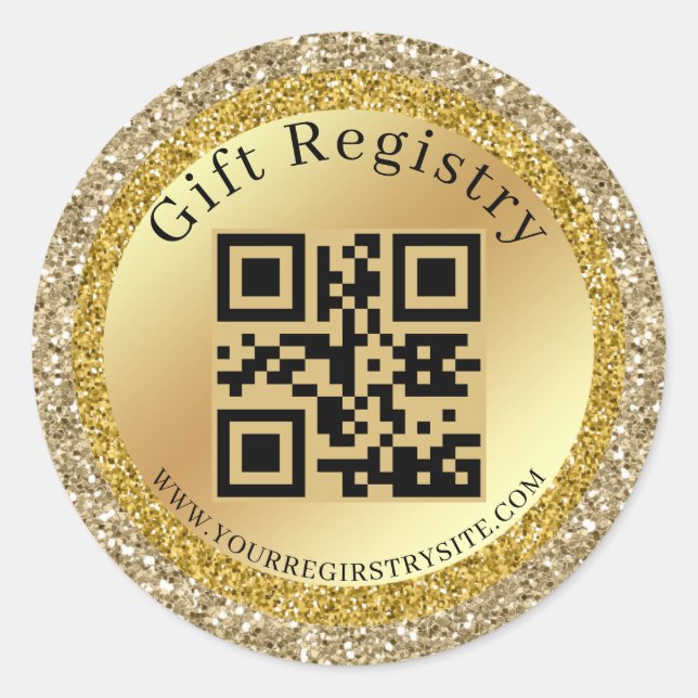 Gold Glitter Baby Shower Registry QR Code Modern  Classic Round Sticker (Front)