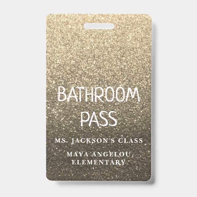Gold Glitter Back To School Bathroom Hall Pass ID Badge (Front)