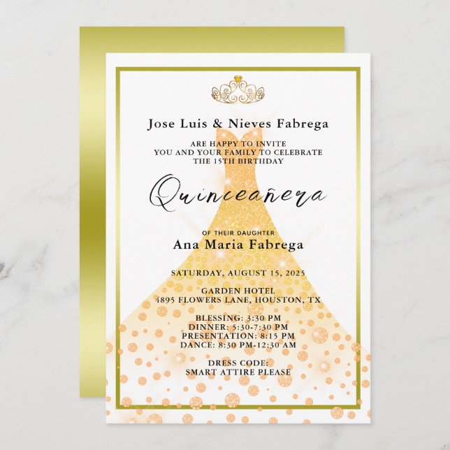 Gold Glitter Ball Gown, Tiara Quinceañera Birthday Invitation (Front/Back)