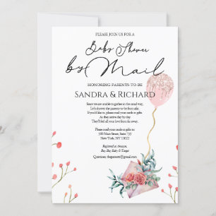 Gold Glitter Balloon Pink Floral Shower by Mail Invitation