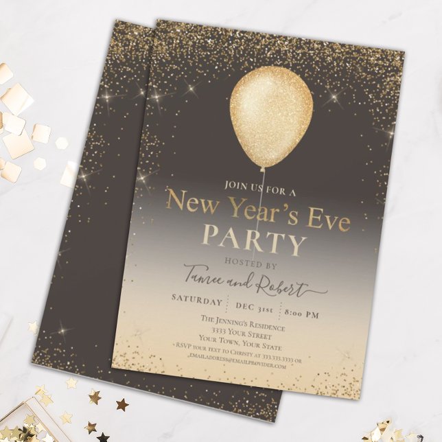 Gold Glitter Balloon Taupe New Year's Eve Party In Invitation (Creator Uploaded)