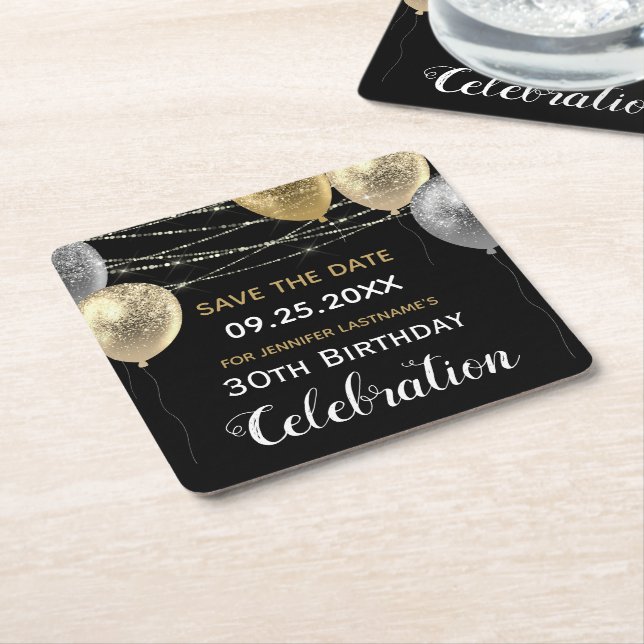 Gold Glitter Balloons 30th Birthday Save the Date Square Paper Coaster (Angled)