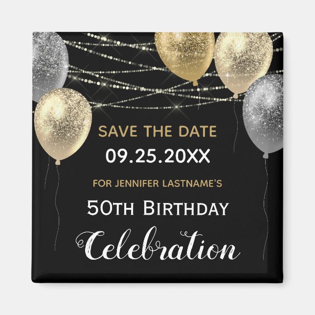 Gold Glitter Balloons 50th Birthday Save the Date Magnet (Front)