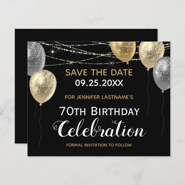Gold Glitter Balloons 70th Birthday Save the Date (Front/Back)
