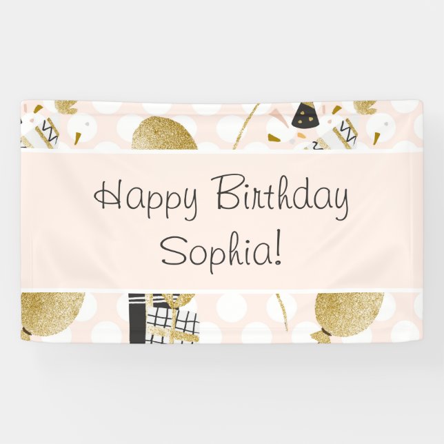 Gold Glitter Balloons and Party Hats Kid Birthday Banner (Horizontal)