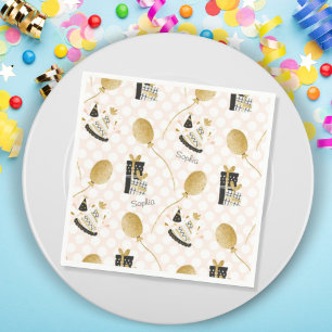 Gold Glitter Balloons and Party Hats Kids Birthday Napkin