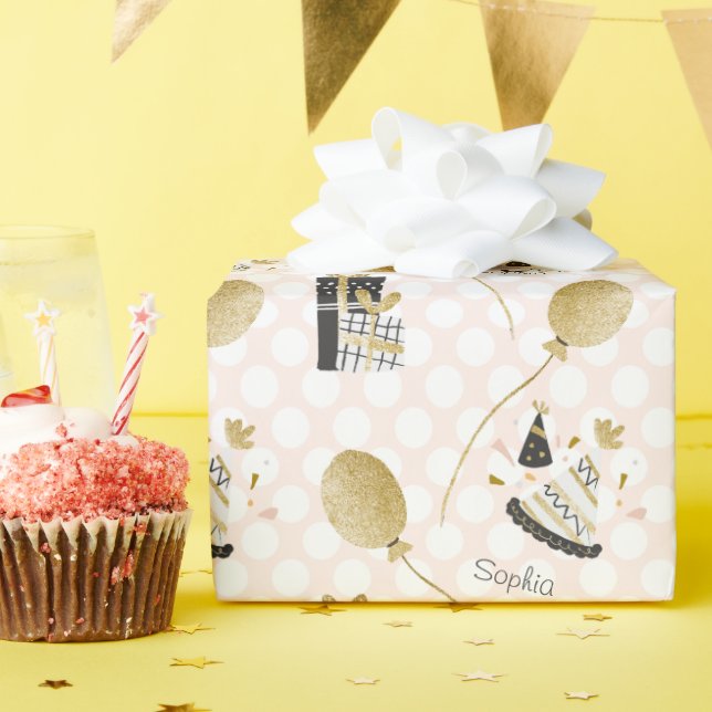 Gold Glitter Balloons and Party Hats Kids Birthday Wrapping Paper (Birthday Party)