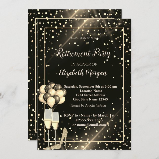 Gold Glitter,Balloons,Dots Retirement Party Invitation (Front/Back)