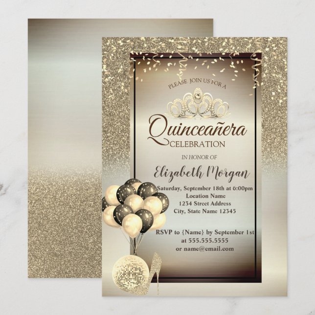 Gold Glitter,Balloons,High Heels,Tiara Quinceañera Invitation (Front/Back)