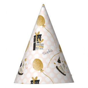 Gold Glitter Balloons Kids Name Birthday Party Hat