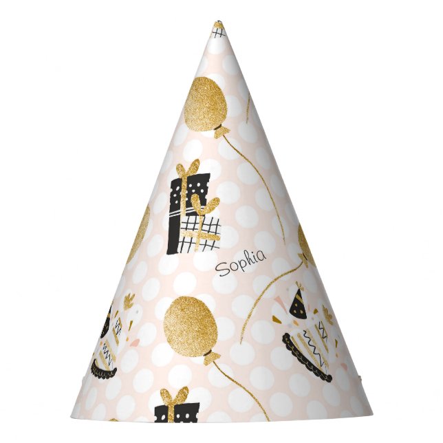 Gold Glitter Balloons Kids Name Birthday Party Hat (Front)