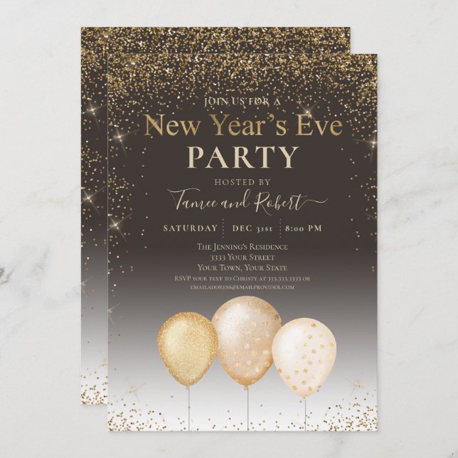 Gold Glitter Balloons Taupe New Year's Eve Party Invitation (Front/Back)