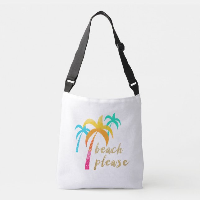 gold glitter "beach please" with colourful palms crossbody bag (Front)
