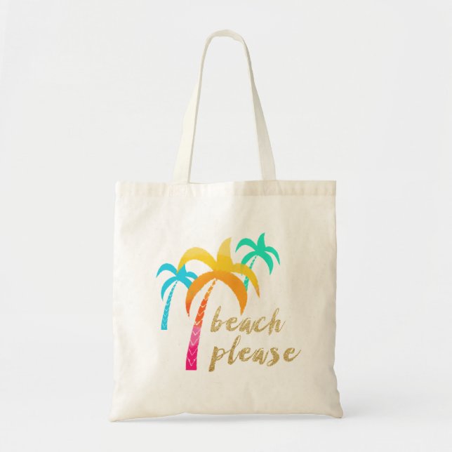 gold glitter "beach please" with colourful palms tote bag (Front)