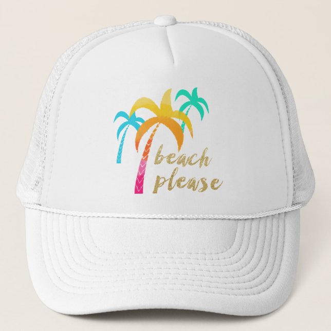 gold glitter "beach please" with colourful palms trucker hat (Front)