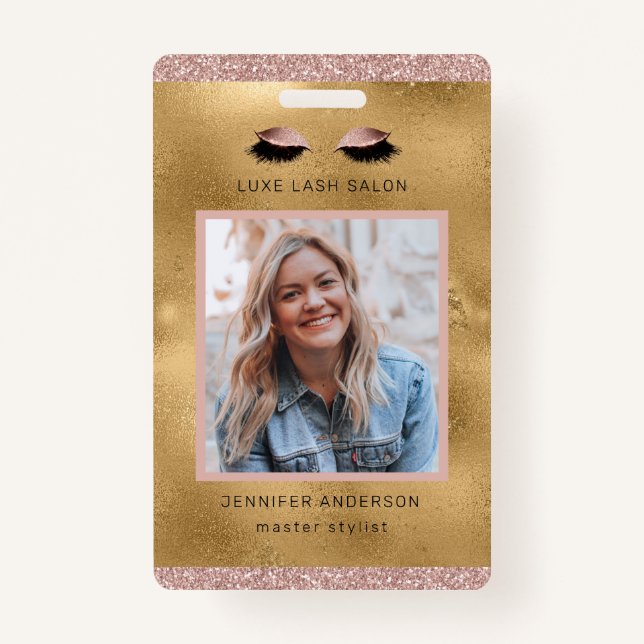 Gold Glitter Beauty Salon Logo Photo Stylist ID ID Badge (Front)