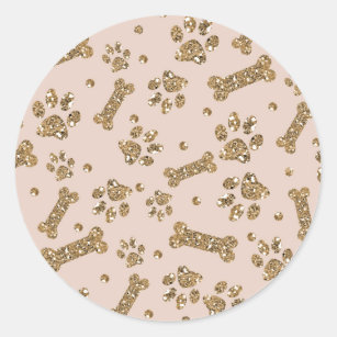 Gold Glitter Beige Blush Pet Paw Bone Puppy Dog Classic Round Sticker