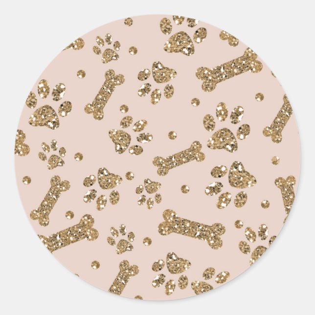 Gold Glitter Beige Blush Pet Paw Bone Puppy Dog Classic Round Sticker (Front)
