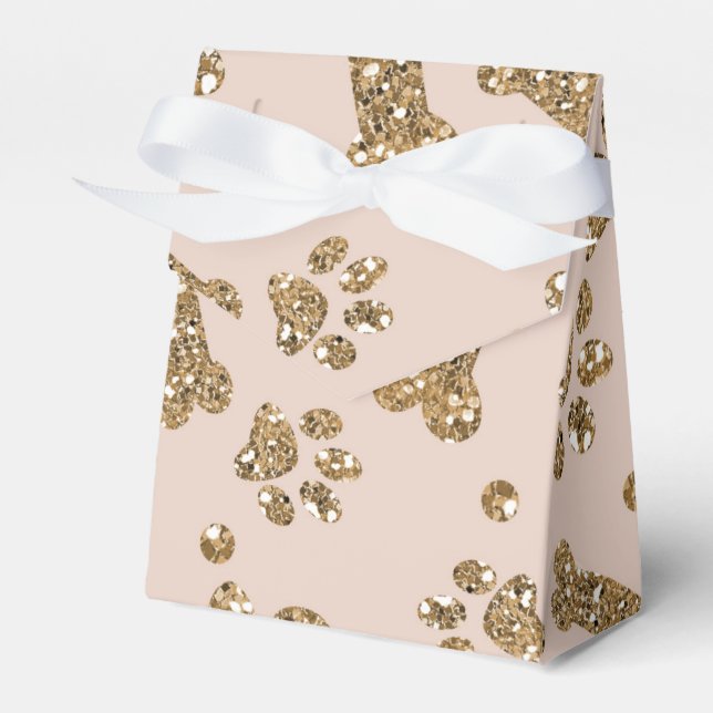 Gold Glitter Beige Blush Pet Paw Bone Puppy Dog Favour Box (Front Side)