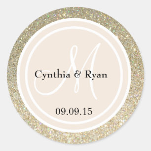 Gold Glitter & Beige Wedding Monogram Classic Round Sticker