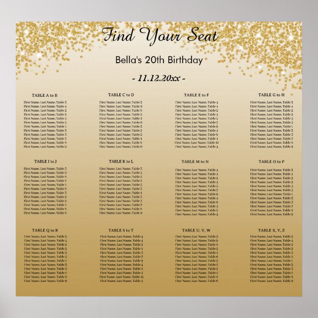 Gold Glitter Birthday Alphabetic Seating Plan Poster (Front)
