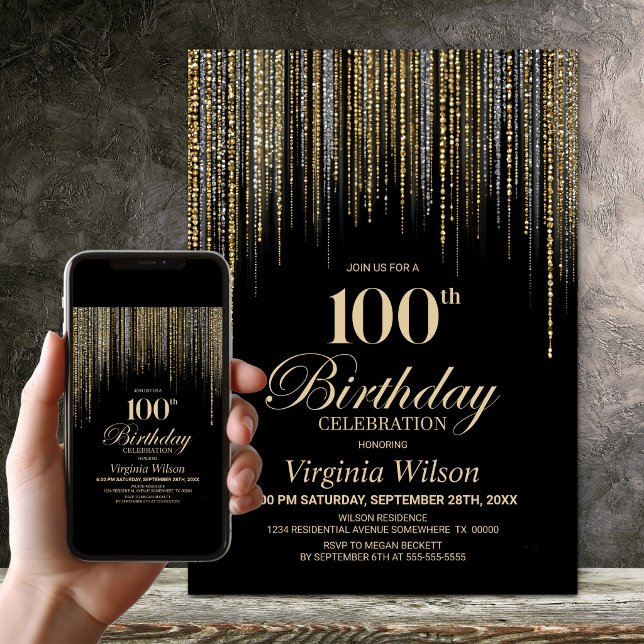 Gold Glitter Black 100th Birthday Party Invitation (Creator Uploaded)