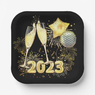 Gold Glitter Black 2023 New Year's Eve Party Paper Plate