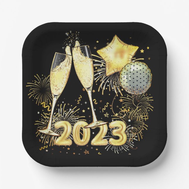 Gold Glitter Black 2023 New Year's Eve Party Paper Plate (Front)