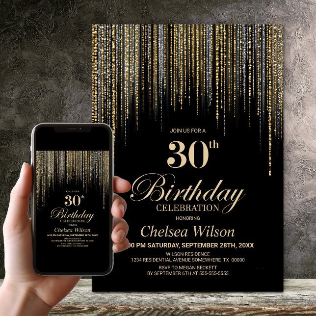 Gold Glitter Black 30th Birthday Party Invitation (Creator Uploaded)