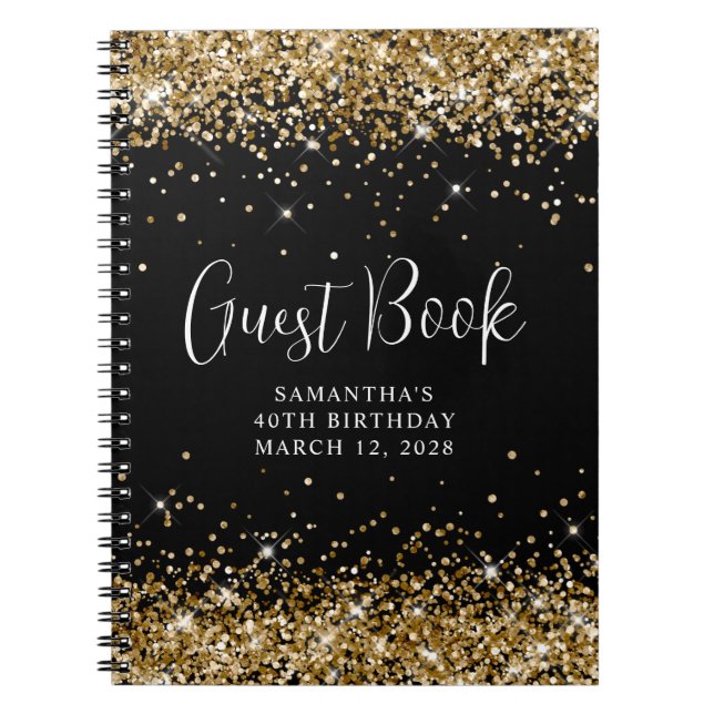 Gold Glitter Black 40th Birthday Guest Notebook (Front)
