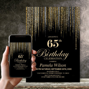 Gold Glitter Black 65th Birthday Party Invitation