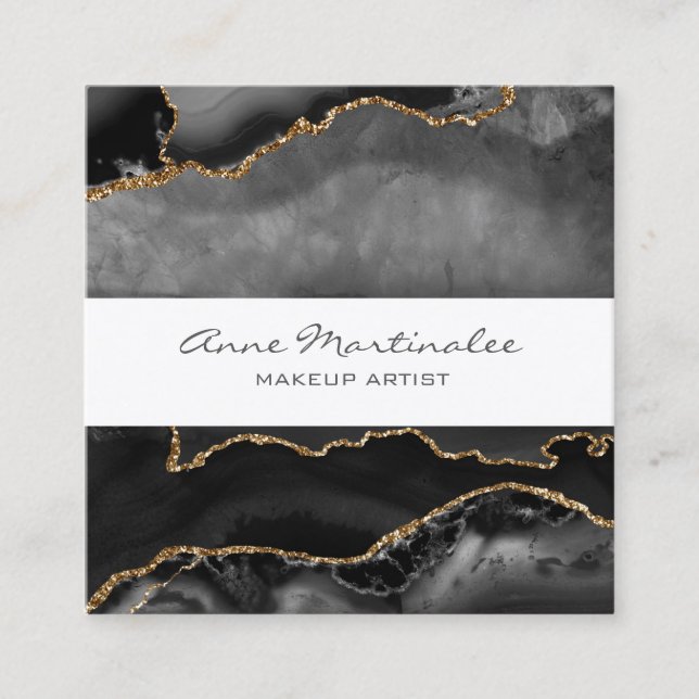 Gold Glitter Black Agate Square Business Card (Front)